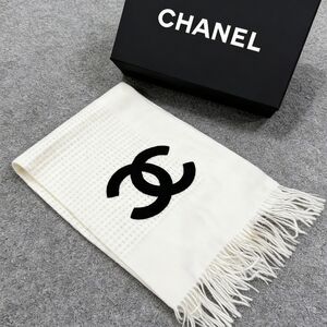 Chanel Classic Black  White CC Logo Fringe Scarf